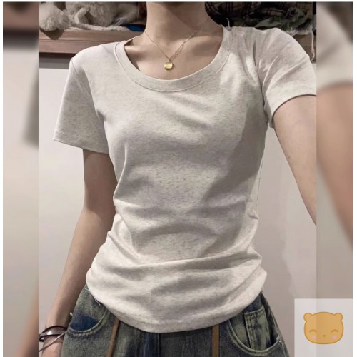美式正肩短袖t恤女夏季女装新款U领内搭短款修身紧身打底衫上衣女
