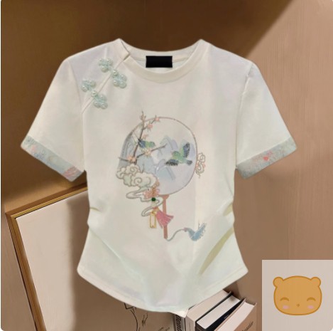 大码新中式刺绣白色t恤女夏季胖mm显瘦设计感新中式正肩短袖上衣